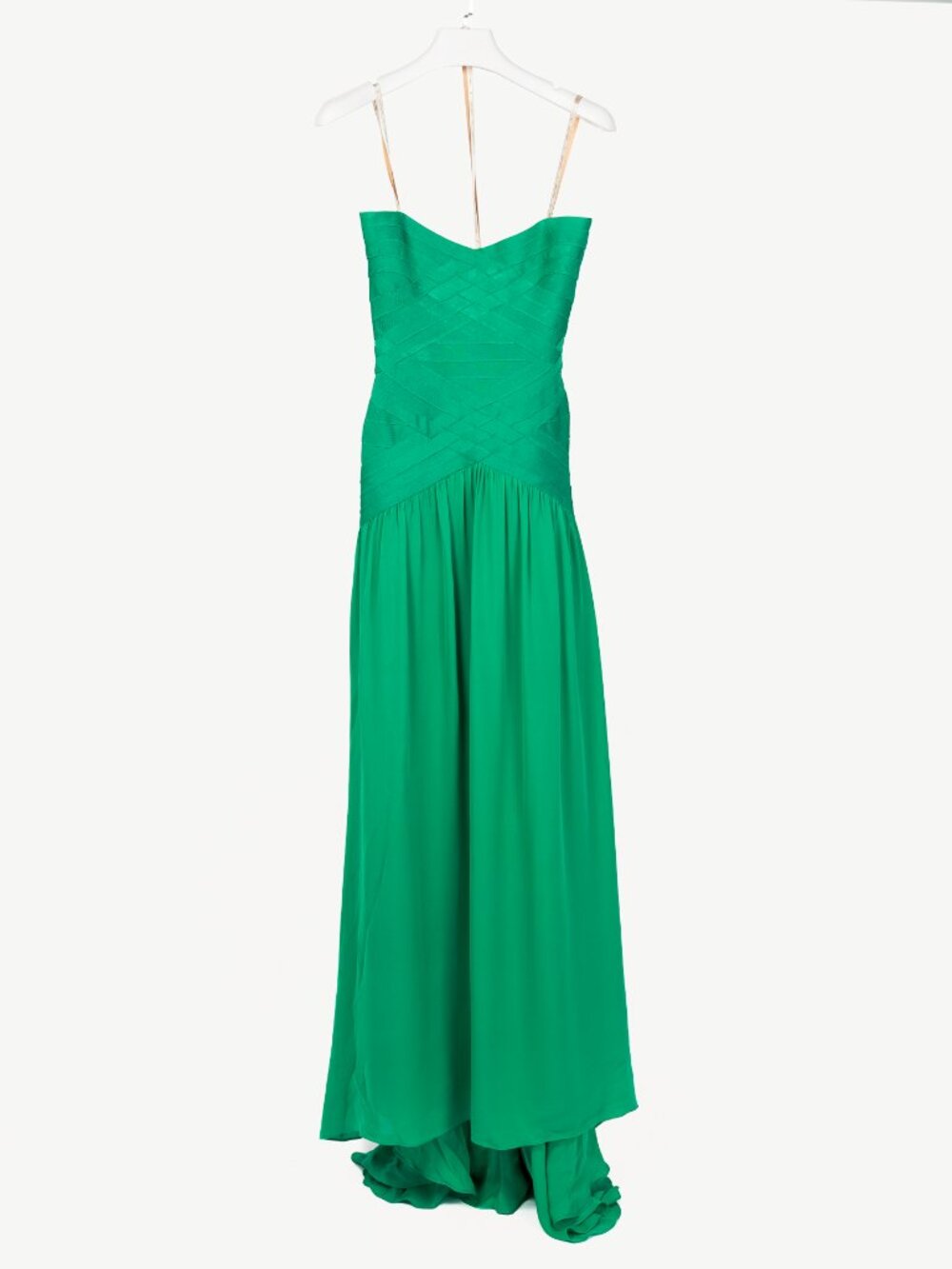 Herve Leger Green Silk Strapless Bandage Gown